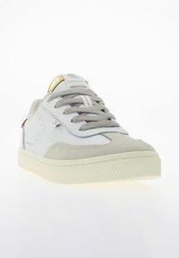 Białe i jasnoszare sneakersy z zamszowymi akcentami, płaskimi sznurówkami, białą gumową podeszwą, złotymi detalami przy pięcie oraz subtelnym logo.