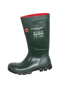 Green rubber boot with red inner lining, featuring a textured surface, reinforced toe, and serrated outsole for traction. Branding on the side.