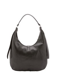Borsa a spalla in pelle nera con silhouette curva, manico superiore e texture liscia. Presenta un piccolo risvolto anteriore per la chiusura.