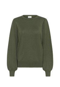 Pull vert à col rond. Présente un motif de tricot texturé sur les manches et des poignets côtelés, fabriqué en tissu doux.