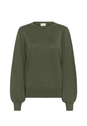 Green pullover sweater with a round neckline. Features textured knit pattern on sleeves and ribbed cuffs, made from soft fabric.