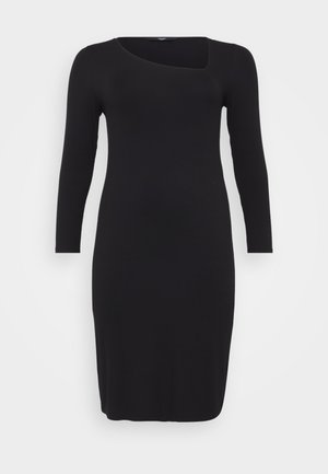 Must mustriba pikkade varrukatega kleit, millel on ainulaadne asümmeetriline sügava kaelusega disain ja keha ligiulatuv siluett, uhkeldades siledat tekstuuri ja põlvest allapoole ulatuvat pikkust.