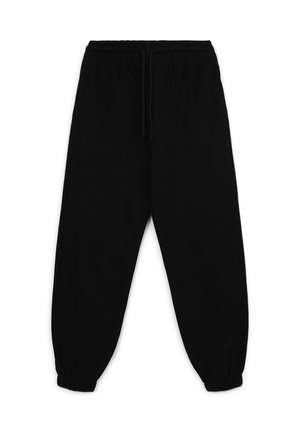 Pantaloni da jogging neri realizzati in tessuto morbido, con vita elastica e cordoncino, polsini affusolati e una superficie liscia.