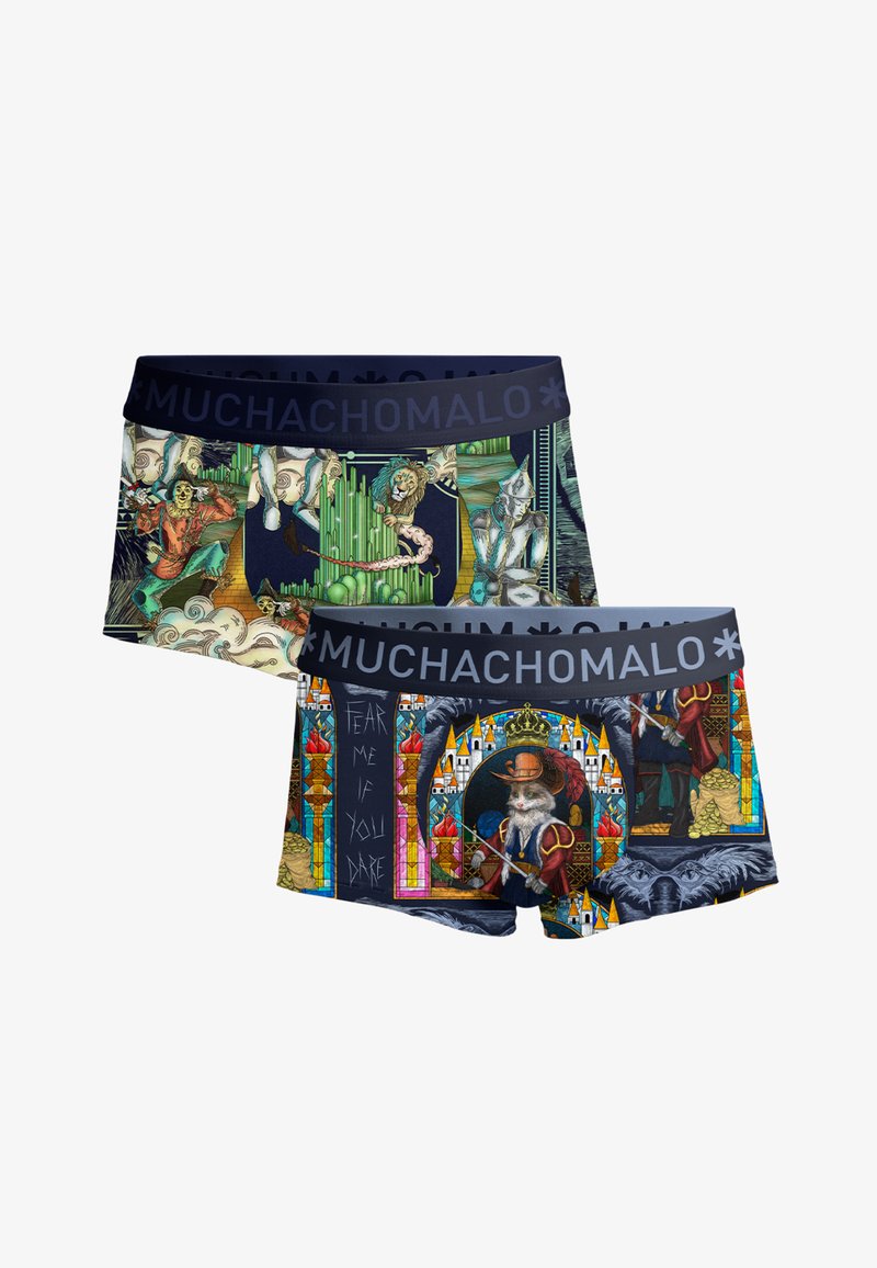 Due paia di boxer colorati con stampe in stile fantasy, raffiguranti un leone, un gatto vestito da moschettiere, uno spaventapasseri e un uomo di latta.