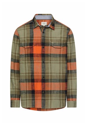Koszula na guziki z długim rękawem w pomarańczową, oliwkowo-zieloną, czarną i beżową kratę oraz dwoma kieszeniami na piersi z patkami.