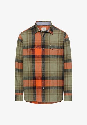 Langärmeliges Hemd mit Knopfleiste, in einem Karo-Muster aus Orange, Olivgrün, Schwarz und Beige, mit zwei Brusttaschen mit Klappen.