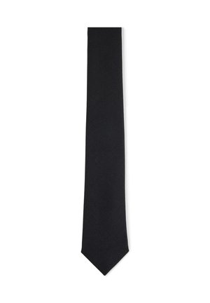 Black necktie with a classic pointed tip, laid flat on a white background.
