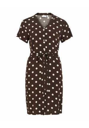 Bruine jurk met korte mouwen en witte polka dots, V-hals, knopen aan de voorkant en een ceintuur die in een strik is gebonden.