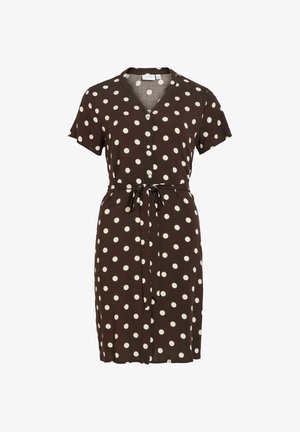 Bruine jurk met korte mouwen en witte polka dots, V-hals, knopen aan de voorkant en een ceintuur die in een strik is gebonden.