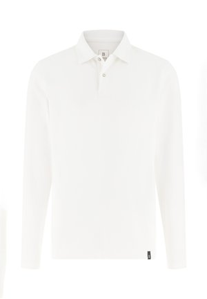 Langærmet hvid poloshirt lavet af blødt stof, med klassisk krave, tre knapper i stolpelukning og et lille sort logodetalje.