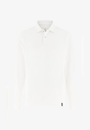 Polo bianca a maniche lunghe realizzata in tessuto morbido, con colletto classico, patta con tre bottoni e un piccolo logo nero come dettaglio.