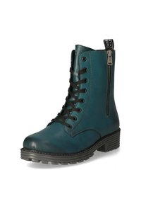 Türkise Leder-Stiefeletten mit schwarzen Schnürsenkeln und seitlichem Reißverschluss, runder Zehenform und strukturiertem Gummisohle, mit detaillierten Nähten.