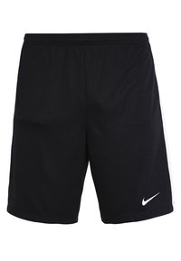 Mustat urheilushortsit, jotka on valmistettu kevyestä kankaasta, valkoisella sivupaneelilla ja Nike-logolla alhaalla edessä. Mukana joustava vyötärönauha.