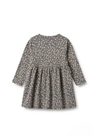 Abito a maniche lunghe in tessuto grigio con un motivo floreale in rosa e crema. Gonna svasata con arricciature in vita. Collo rotondo.