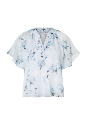 Weiße Bluse mit lockeren kurzen Flügelärmeln, blauem Blumenmuster und rundem Ausschnitt mit teilweisem Knopfleistenverschluss.