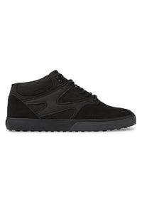 Black high-top sneakers made of suede and mesh, featuring a textured surface, round toe, and lace-up front with a rubber sole.