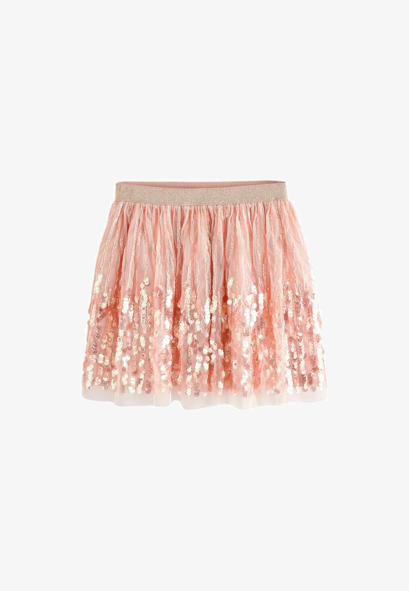 Short pink tulle skirt with a shimmery sequin overlay, featuring a soft, elastic waistband and layered design for added volume.