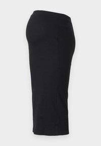 Svart ribbete skjørt med et tettsittende design, kne-langt, med en glatt midje og subtil tekstur i hele stoffet.