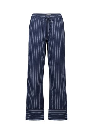 Marineblauwe pyjamabroek met verticale witte strepen, lichtgewicht stof, brede pijpen, elastische tailleband met trekkoord en omgeslagen zoom.