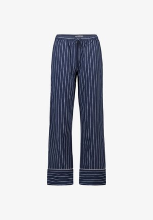 Marineblauwe pyjamabroek met verticale witte strepen, lichtgewicht stof, brede pijpen, elastische tailleband met trekkoord en omgeslagen zoom.