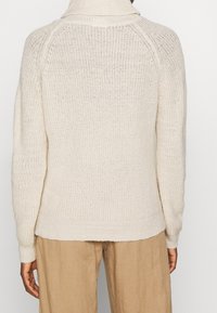 Cream knit sweater with a high collar, ribbed cuffs, and a textured pattern. The back is slightly longer with a straight hem.