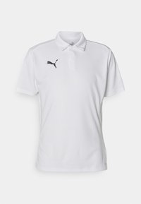 Polo blanc en tissu texturé, avec un logo Puma noir sur la poitrine gauche et un col classique à deux boutons.