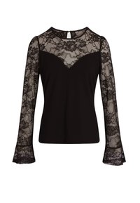 Czarna bluzka z długim rękawem, z kwiatową koronką na rękawach i górnej części klatki piersiowej, przezroczysty dekolt, rozkloszowane koronkowe mankiety, zapięcie na guziki z przodu.