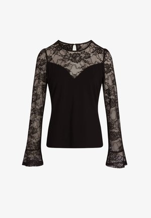 Top nero a maniche lunghe con maniche e parte superiore del petto in pizzo floreale, scollo trasparente e polsini svasati in pizzo, chiusura frontale con bottoni.