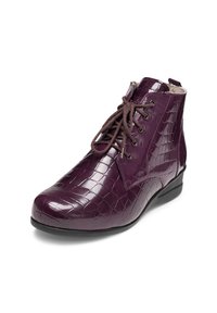 Purple, glossy leather ankle boot with a crocodile skin texture, rounded toe, and brown laces. Features a low black heel and padded collar.