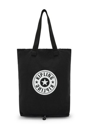 Schwarze Umhängetasche aus Nylon mit einem runden weißen Logo, das einen Stern und Text zeigt. Sie hat zwei stabile Tragegurte und einen Reißverschlussboden.