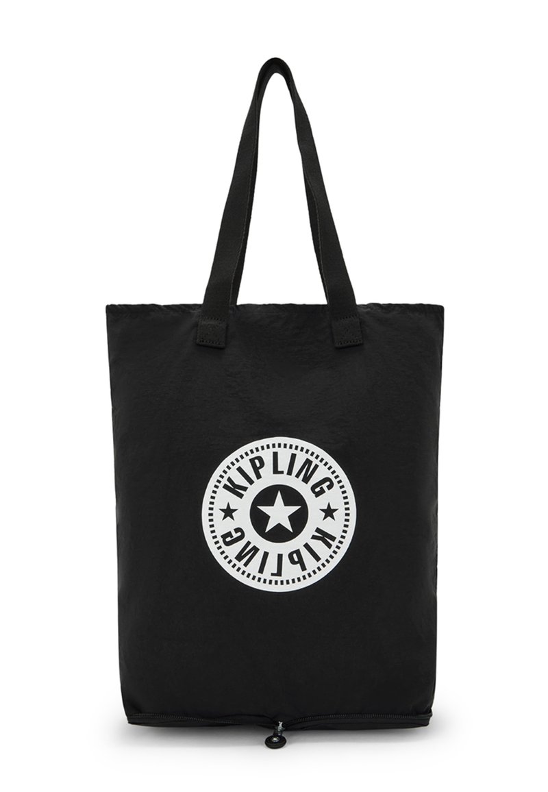 Borsa a tracolla nera in nylon, caratterizzata da un logo bianco circolare con una stella e testo. Ha due manici robusti e un fondo con zip.