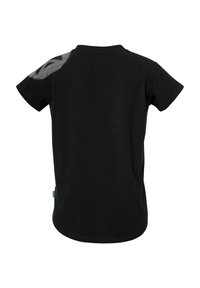 T-shirt noir à manches courtes avec un motif texturé sur l'épaule gauche. Fabriqué en tissu doux, avec un col rond et un ourlet droit.