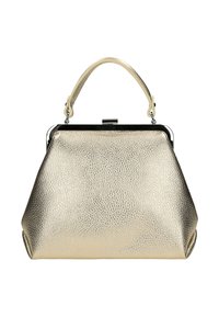 Metallisch goldene Handtasche mit strukturierter Form, strukturiertem Lederaußenmaterial, silbernem Beschläge und einem einzelnen Oberhebegriff.