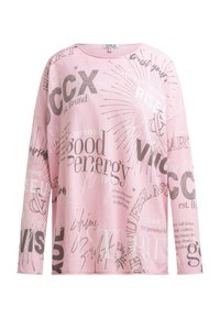 Rosa Langarm-Sweatshirt mit gemischtem schwarzen und weißen motivierenden Texten und Grafiken, wie "gute Energie", "aufstehen" und Sternenstrahl-Designs.