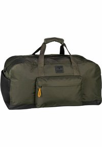 Sac de sport vert olive en tissu durable. Il est doté de poignées doubles, d'une poche avant avec un tirette de fermeture éclair jaune, et de accents noirs.