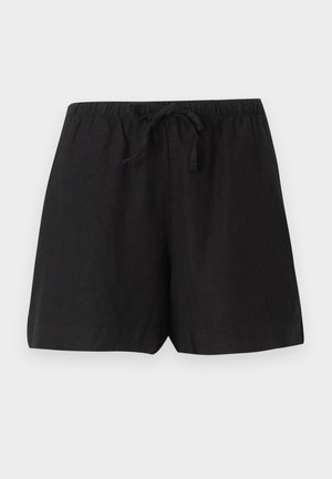 Crne casual kratke hlače s elastičnim pojasom i vezicom, napravljene od laganog materijala, prikazane na jednostavnoj pozadini.