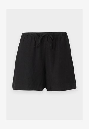 Short noir décontracté avec taille élastique et cordon, en tissu léger, présenté sur un fond uni.