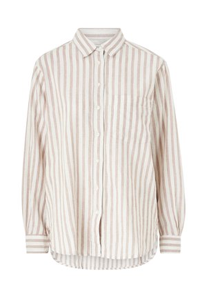 Striped button-up shirt, made of light fabric, featuring vertical stripes in beige and white, a chest pocket, and a curved hemline.