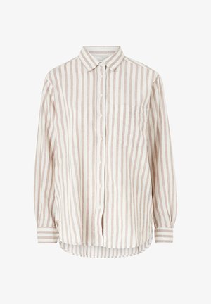 Striped button-up shirt, made of light fabric, featuring vertical stripes in beige and white, a chest pocket, and a curved hemline.
