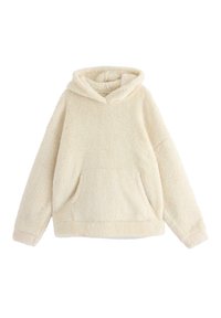 Felpa crema in pile con una superficie morbida e strutturata, cappuccio con cordino e tasca a canguro davanti. Vestibilità comoda con maniche lunghe.
