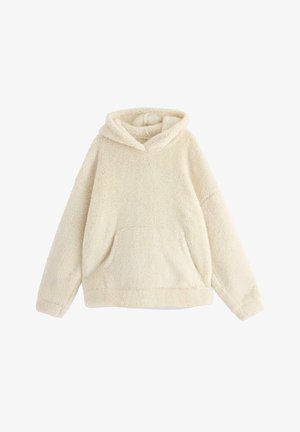 Cremefarvet fleece hoodie med en blød, tekstureret overflade, snor i huen, og en front kangaroo-lomme. Løs pasform med lange ærmer.