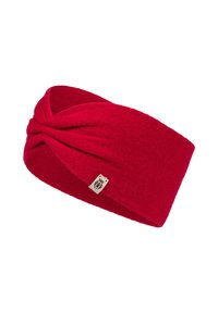 Red knit headband with a twisted design, featuring a textured surface and a small logo tag on the side.