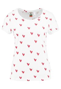 Biały t-shirt z krótkim rękawem wykonany z bawełny, z wzorem małych czerwonych serc równomiernie rozłożonych na całej tkaninie.