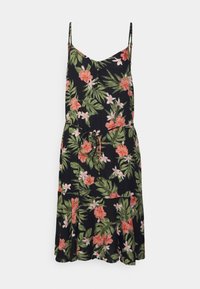 Černé květinové šaty s tenkými ramínky, které mají růžový a zelený tropický potisk, elastický pas a splývavou sukni končící nad koleny.