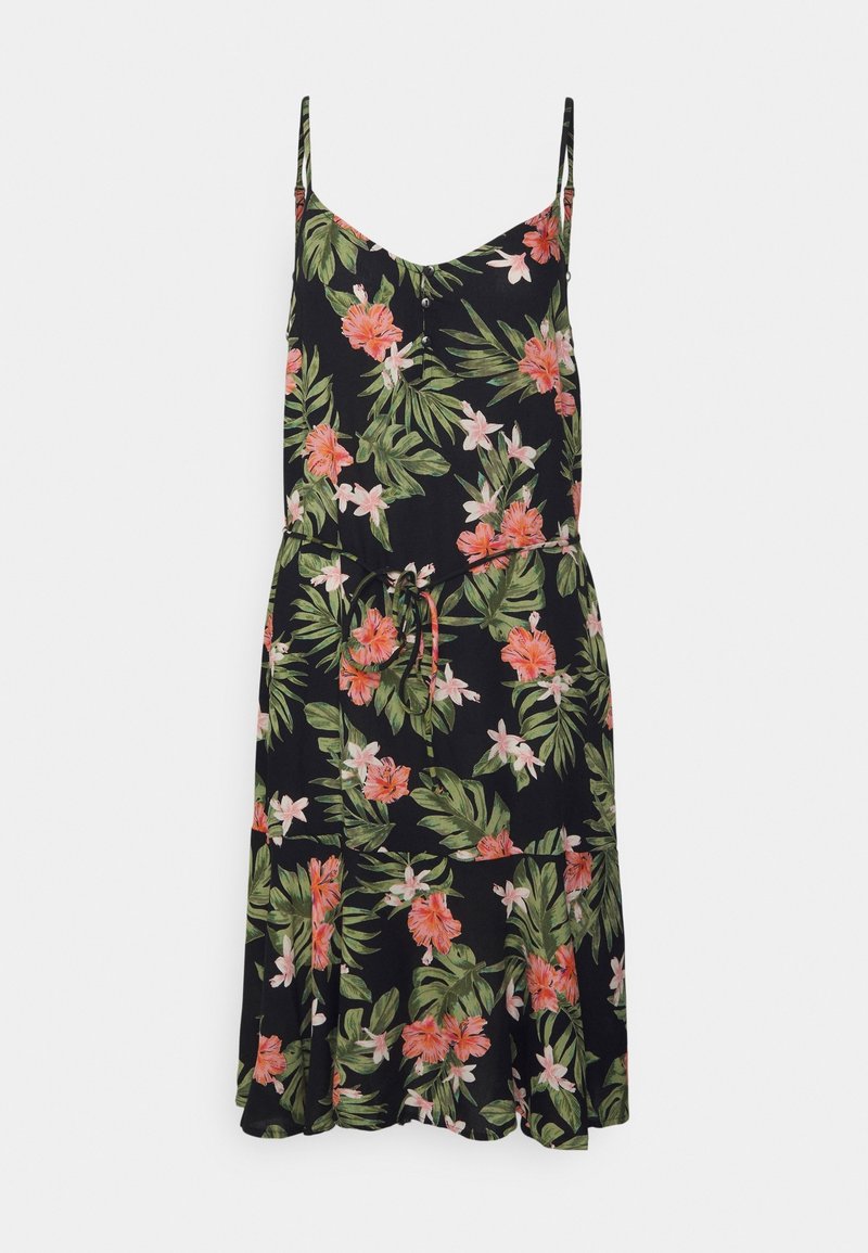 Černé květinové šaty s tenkými ramínky, které mají růžový a zelený tropický potisk, elastický pas a splývavou sukni končící nad koleny.