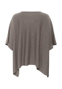 Harmaa neulottu poncho rentoa siluettia, jossa on leveät hihat, avonainen kaula-aukko ja sileä rakenne. Saumaton muotoilu ulottuu helmaan.