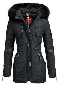 Black insulated jacket with faux fur hood, zippered front, multiple zippered pockets, and leather accents. Smooth texture and fitted design.