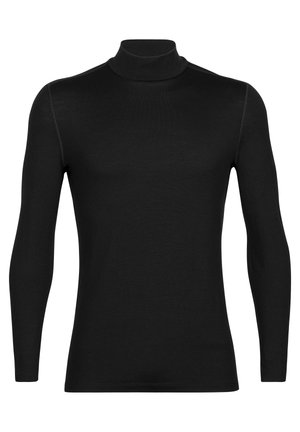 Zwarte lange mouwen coltrui. Gladde textuur, slim fit, geribbelde kraag. Geen patronen of hardware; eenvoudig, schoon ontwerp.