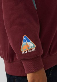 Felpa bordeaux con polsini e orlo in costina. Presenta un patch triangolare "Team Walker" con illustrazioni di dinosauri e grafiche di montagne.