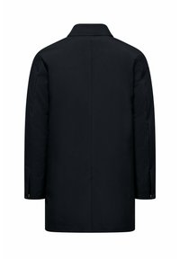 Zwarte op maat gemaakte jas met een kraag, lange mouwen en een naadloze achterkant. Gemaakt van een soepele stof, heeft het een minimalistisch ontwerp zonder patronen.